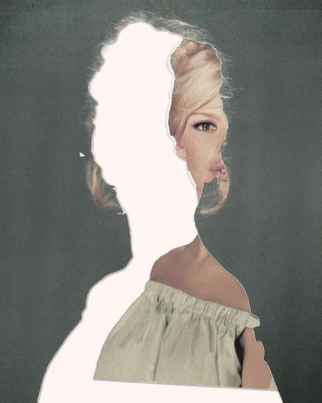 A graphic of a silhouette of Bardot's face over the top of the actor in an off-the-shoulder top