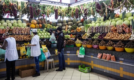 Counters with vegetables and fruits on the Dorogomilovskiy market of Moscow