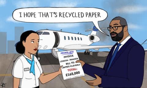 Sarah Akinterinwa on James Cleverly’s expensive Rwanda flight – cartoon, panel 1