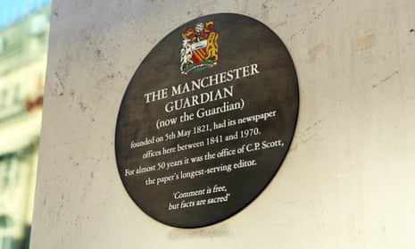 The plaque on Cross Street in Manchester to mark the 200th birthday of the Manchester Guardian (now the Guardian).
