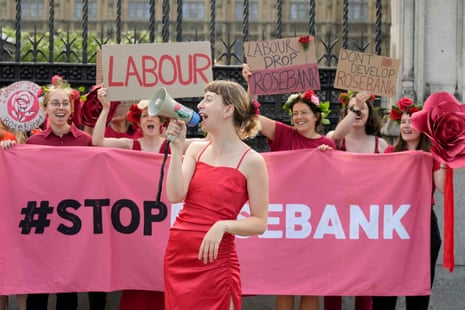 Protesters shout in front of the parliament in London in July 2024 to demand that the UK must stop Rosebank and all new oil & gas fields.