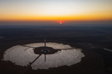 Aerial image of Redstone concentrated solar thermal power project, photographed at sunrise