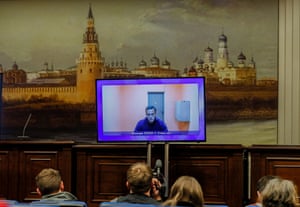 Moscow, Russia: The Russian opposition leader and activist Alexei Navalny is seen on a monitor during an appeal hearing against his detention in court in Krasnogorsk