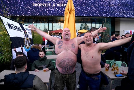 Newcastle fans pose for the cameras ahead of tonight’s game at the Parce des Princes.