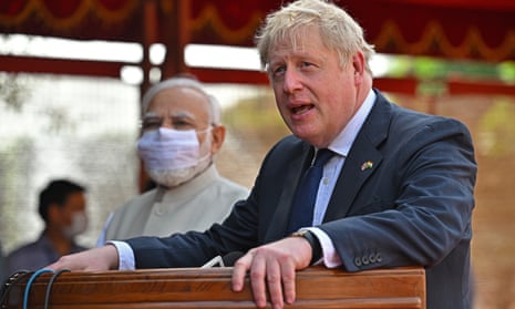 Boris Johnson speaking during a reception in New Delhi on Friday during his visit to India.