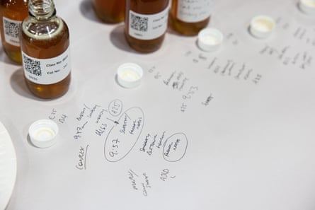 Jars of honey on a sheet of paper with handwritten notes on it