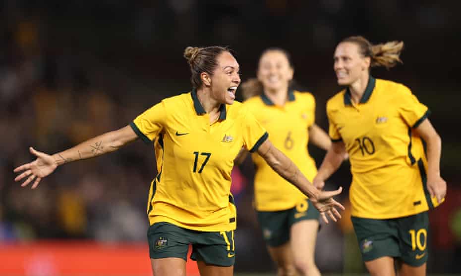 Australia’s Kyah Simon celebrates her 88th-minute equaliser against the USA in Newcastle.