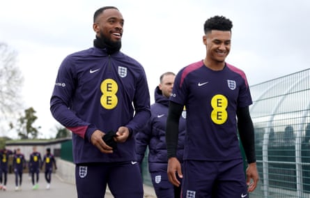 Ivan Toney with Ollie Watkins at an England training session.