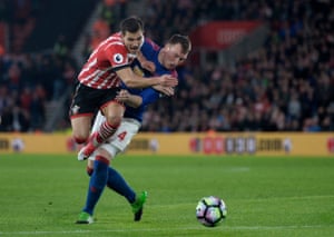 Textbook obstruction as demonstrated by Manchester United’s Phil Jones on Southampton’s Cedric Soares.