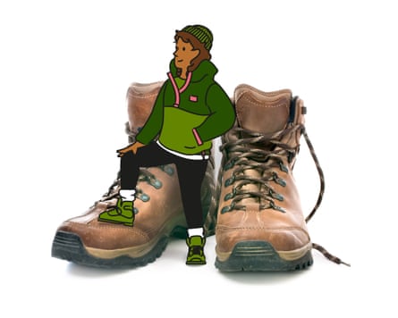 An illustration of pair of walking boots with a person who is only a bit bigger than the boots standing in between them with their right leg bent and leaning on the boot on their right