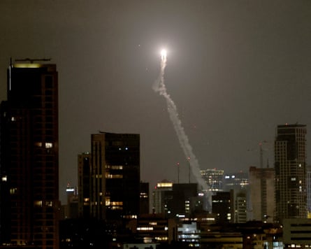 Missile blowing up above Tel Aviv skyline