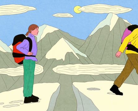 Illustration of two hikers stand on opposite sides of a mountain ravine, one watching as the other exits the scene