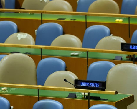 The seats of the US delegation as Iran's President Masoud Pezeshkian addresses the 81st United Nations General Assembly in New York.