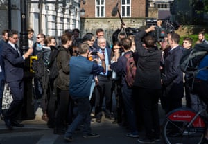 Jeremy Corbyn, leader of the Labour party, is followed by journalists as he walks towards the Houses of Parliament