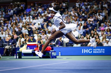 Venus Williams plays against Karolina Muchova during their women’s singles first round tennis match at the US Open tennis tournament on 25 August 2025.
