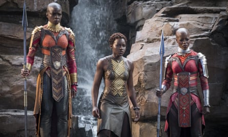 Danai Gurira, Lupita Nyong’o and Florence Kasumba in a scene from “Black Panther”: the film features a number of powerful female leads