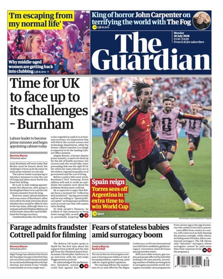 Front page of the Guardian 20 July 2026
