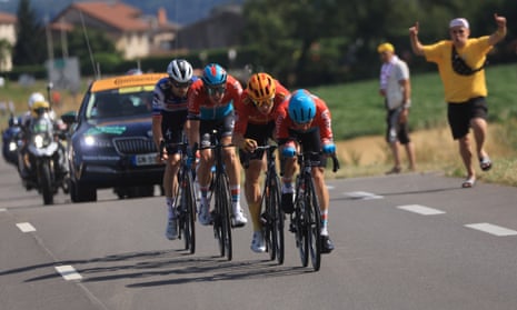 Victor Campenaerts of team Lotto Dstny leads a breakaway group during the 18th stage of the Tour de France 2023, a 185kms race from Moutiers to Bourg-en-Bresse.
