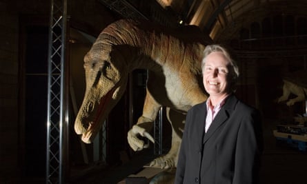 Angela Milner at the Natural History Museum with the robot of Baryonx, AKA ‘Claws’, the dinosaur species discovered in Surrey in 1983 that she and Alan Charig described and named.
