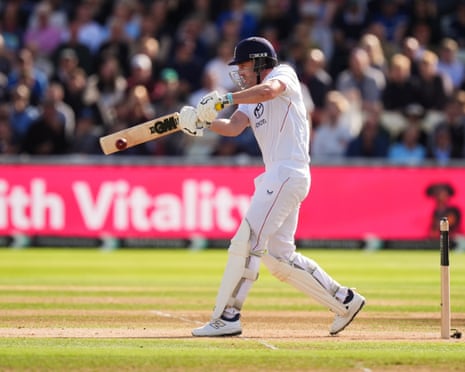 England's Dan Lawrence hits the ball.