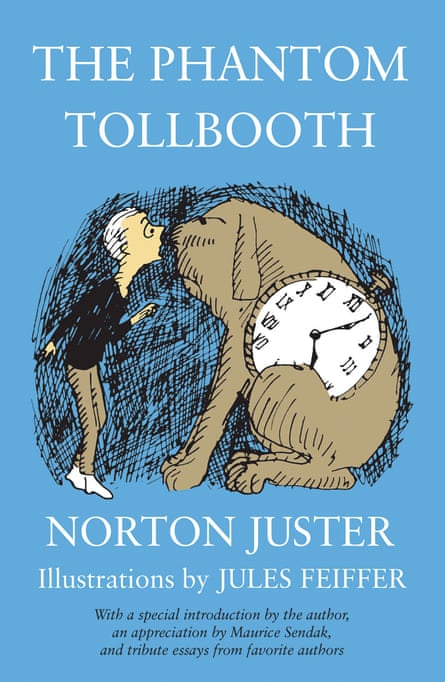 Jacket image from Norton Juster’s The Phantom Tollbooth showing Milo face to face with Tock the dog on a blue background