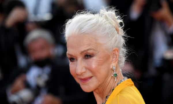 Helen Mirren at the Annette premiere, her hair in a chignon.
