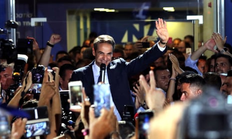 Kyriakos Mitsotakis speaks outside New Democracy’s headquarters in Athens after the Greek general election.