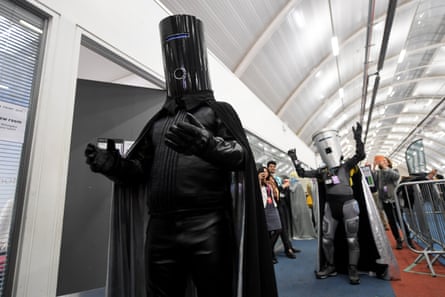 Count Binface (right) greets Lord Buckethead (left) at the Uxbridge count in 2019.