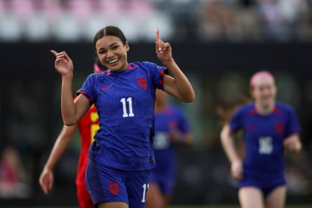 United States forward Sophia Smith reacts after scoring against China during the first half at DRV PNK Stadium on Saturday afternoon.