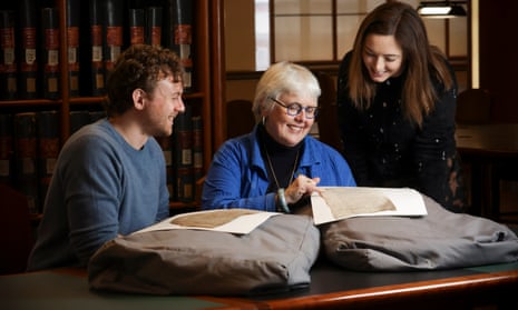Dr Daniel Patterson, Prof. Jane Ohlmeyer and Dr Bronagh McShane in the National Archives of Ireland viewing records from the Court of Chancery