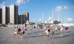 Junior members of Kazakhstan’s Cheer Republic team perform in Independence Square, Astana, in front of the Hazrat Sultan mosque.