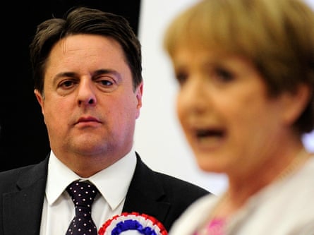 Nick Griffin looks on as Hodge speaks after her 2010 election victory.
