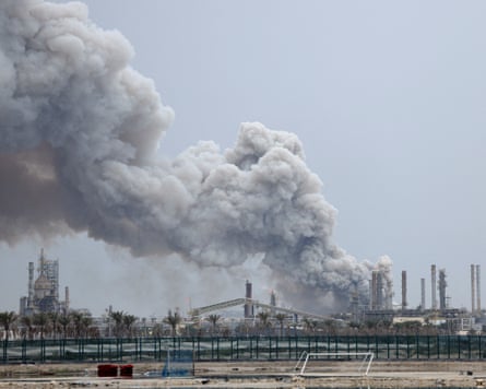 Smoke rises following a strike on the Bapco oil refinery in Sitra Island, Bahrain