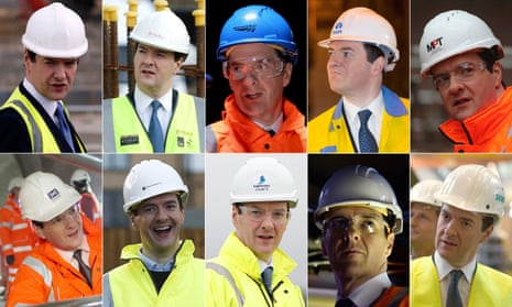 Composite picture of George Osborne wearing hard hats on many occasions