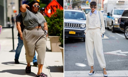 Side-by-side composite of two women fashionably dressed in trackpants.
