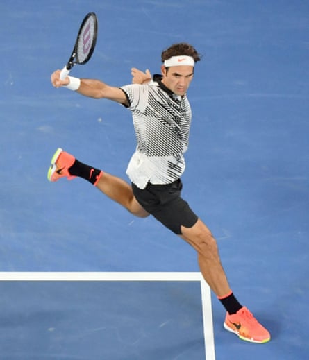 Roger Federer fires off a return to Rafael Nadal during the 2017 Australian Open men’s singles final.