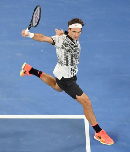 Roger Federer fires off a return to Rafael Nadal during the 2017 Australian Open men’s singles final.