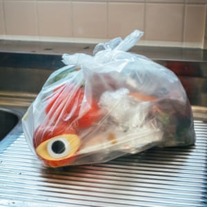 A cut apple with a single large googly eye in a bag of wasted food