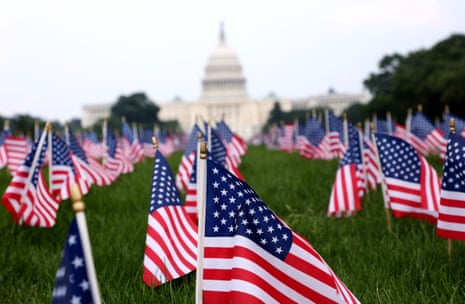 American flags are seen on the National Mall in Washington DC, on Friday, as preparations were under way for the army’s 250th birthday celebration.