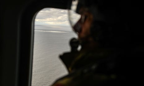 One of four gas leaks at one of the damaged Nord Stream gas pipelines in the Baltic Sea, seen through the window of a Danish aircraft in September 2022