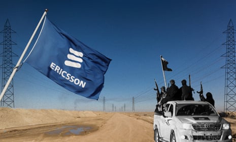 Guardian graphic depicting the Ericsson logo and Islamic State fighters against an Iraqi desert background