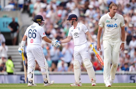 Harry Brook shakes Joe Root’s hand after Root’s 50 against New Zealand in June 2026