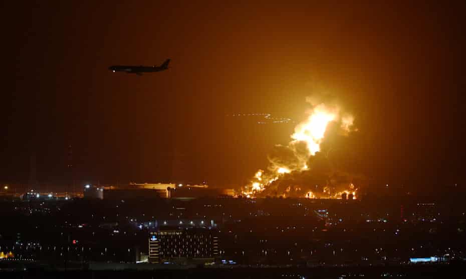 An oil depot burns in the Saudi Arabia city of Jeddah