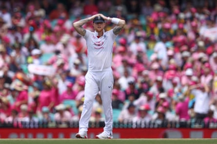 Ben Stokes reacts during day three of the fifth Ashes Test.