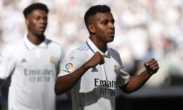 Rodrygo celebrates after scoring the winner for Real Madrid against Betis.