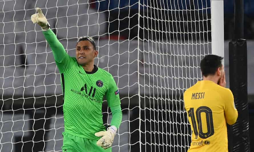 Keylor Navas celebrates after saving Lionel Messi’s penalty.
