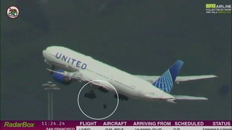 Moment tyre falls from United Airlines flight mid-air – video