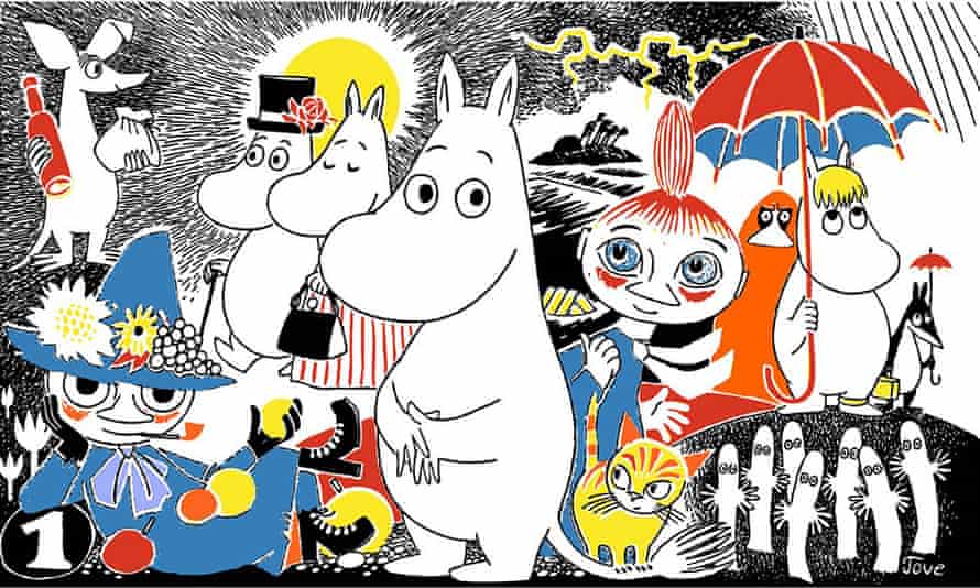 Les personnages Moomin bien-aimés, dans le sens des aiguilles d'une montre en partant du haut à gauche : Sniff, Moominpappa, Moominmamma, Moomintroll, Mymble, Snorkmaiden, les Hattifatteners, Snufkin.