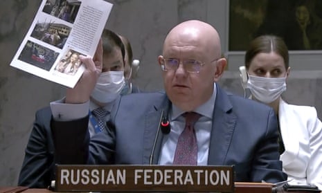 Russian Ambassador to the United Nations Vasily Nebenzya photos following a U.S. rejection of Russian accusations that Ukraine is operating chemical and biological labs with U.S. support. 