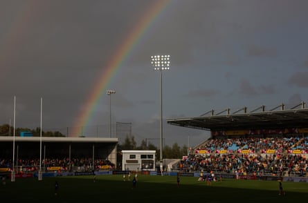 A rainbow forms over Exeter’s Sandy Park during the Women’s Rugby World Cup 2025 Group C match between France and Brazil.